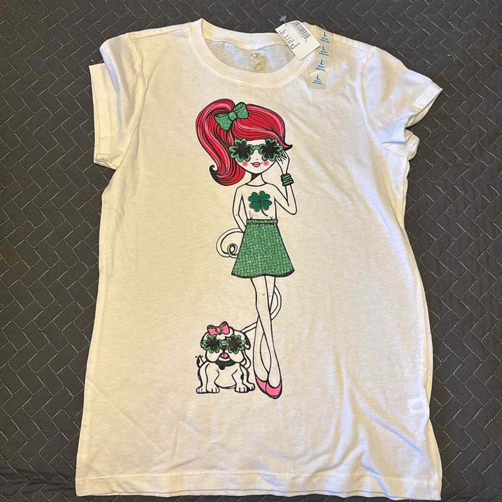 Children’s Place shamrock glitter shirt, 10/12. NWT